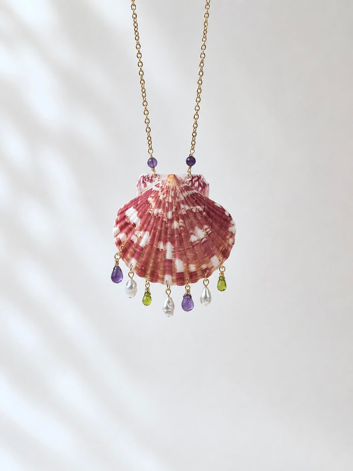Muschel-Kette · Amethyst & Peridot mit  Süßwasser-Tropfenperlen