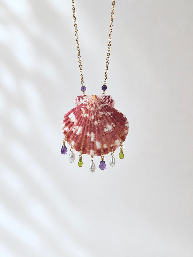 Muschel-Kette · Amethyst & Peridot mit  Süßwasser-Tropfenperlen